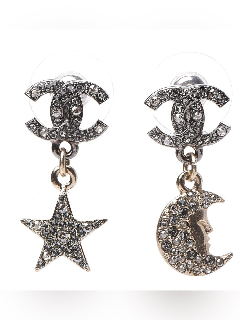 CHANEL Silver/Gold Moon and Star Crystal Drop Earrings
